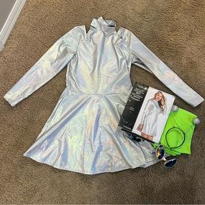 Alien Costume. Silver iridescent dress with headband & sunglasses. Size: M/L.
